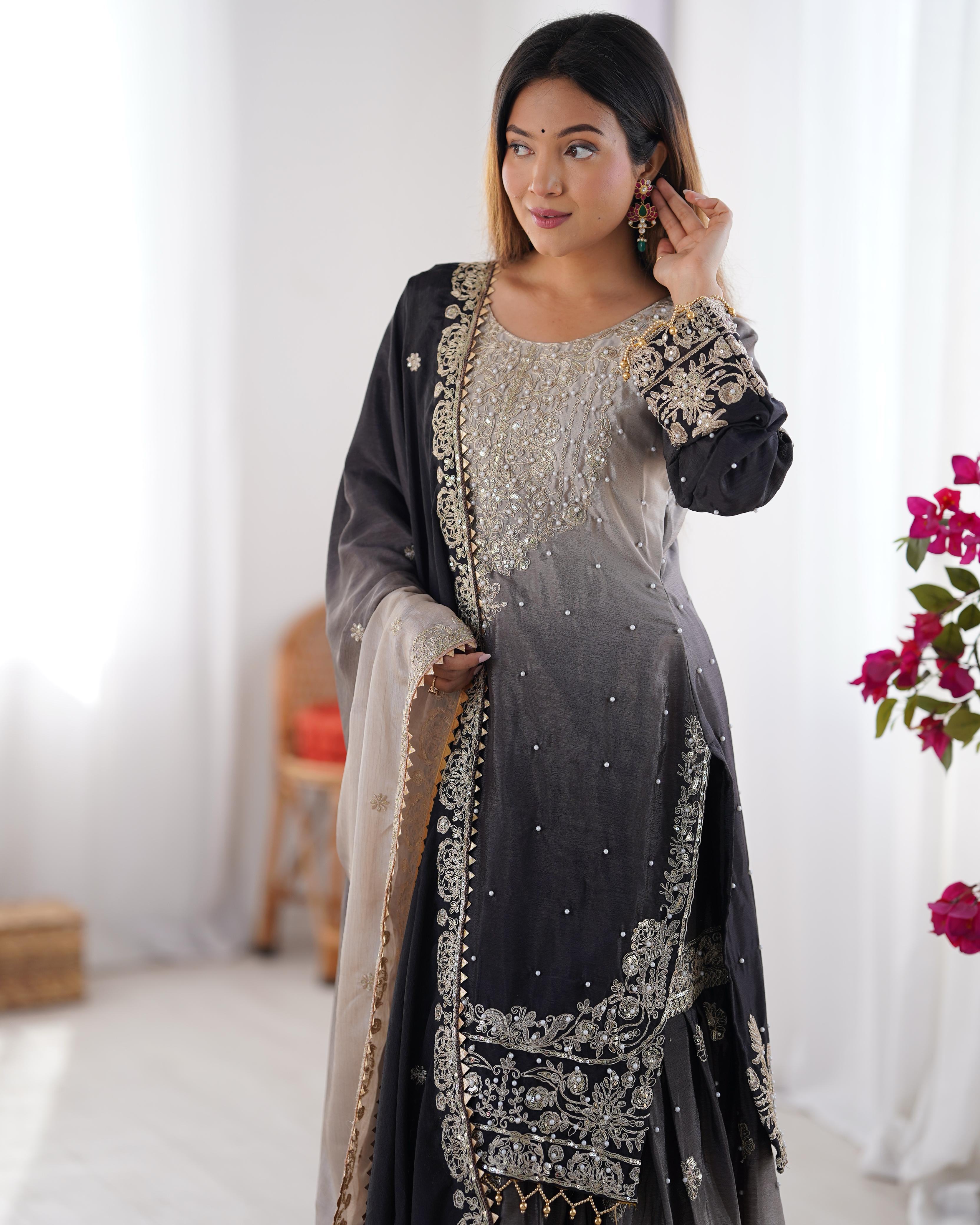 Wedding Wear Black And Grey Color Chinon Silk And Coding Dori With Sequence With Rivet Moti Beautiful Sharara Suit