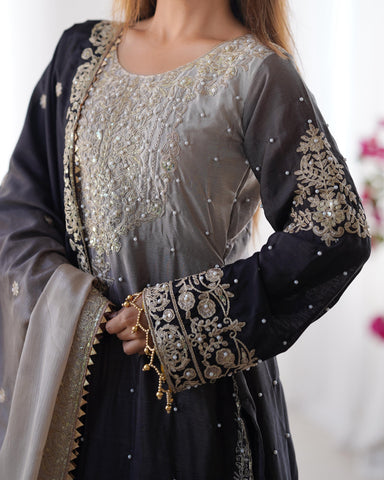 Wedding Wear Black And Grey Color Chinon Silk And Coding Dori With Sequence With Rivet Moti Beautiful Sharara Suit