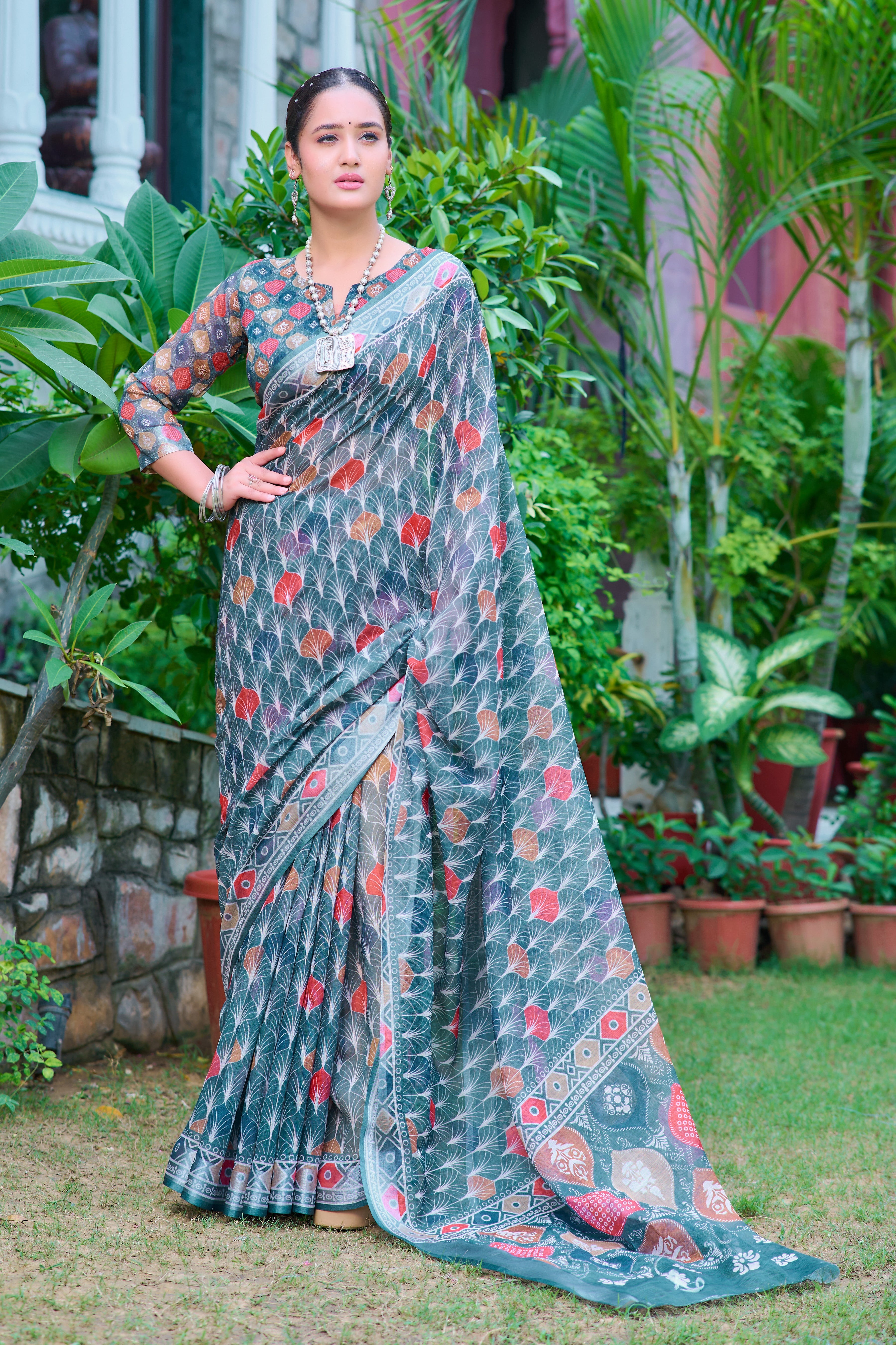 Fashionable Light Green Color Color Pure Cotton Lilen With Digital Printed Designer Saree