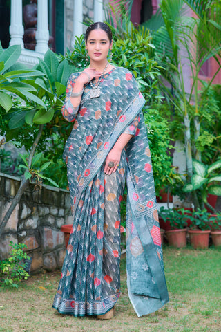 Fashionable Light Green Color Color Pure Cotton Lilen With Digital Printed Designer Saree