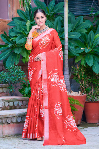 Presenting Red Color Color Pure Cotton Lilen With Digital Printed Designer Saree