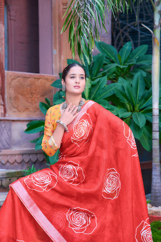 Presenting Red Color Color Pure Cotton Lilen With Digital Printed Designer Saree