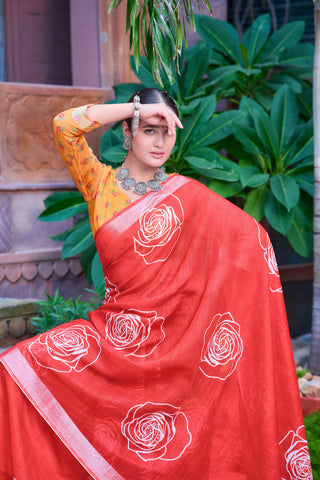 Presenting Red Color Color Pure Cotton Lilen With Digital Printed Designer Saree
