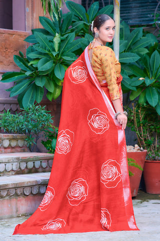 Presenting Red Color Color Pure Cotton Lilen With Digital Printed Designer Saree