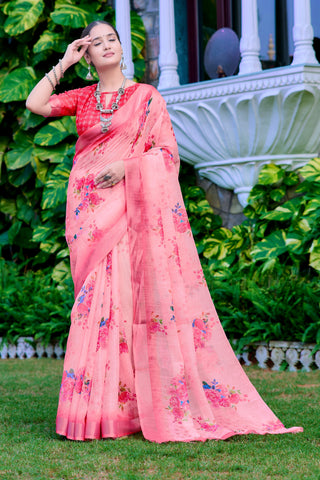 Outstanding Light Pink Color Color Pure Cotton Lilen With Digital Printed Designer Saree
