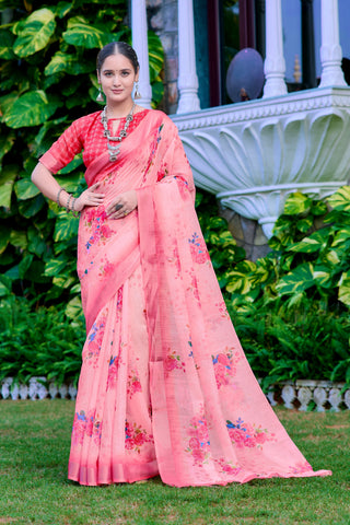 Outstanding Light Pink Color Color Pure Cotton Lilen With Digital Printed Designer Saree