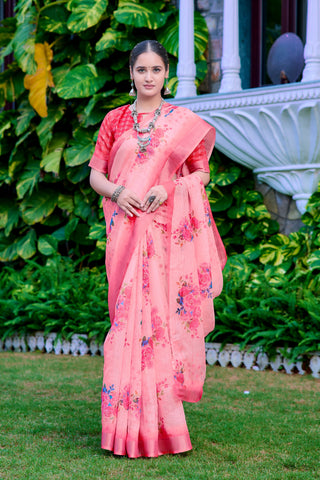 Outstanding Light Pink Color Color Pure Cotton Lilen With Digital Printed Designer Saree