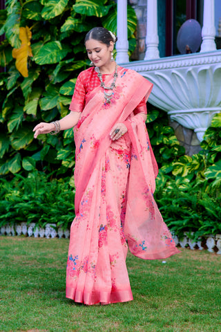 Outstanding Light Pink Color Color Pure Cotton Lilen With Digital Printed Designer Saree