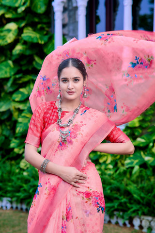 Outstanding Light Pink Color Color Pure Cotton Lilen With Digital Printed Designer Saree