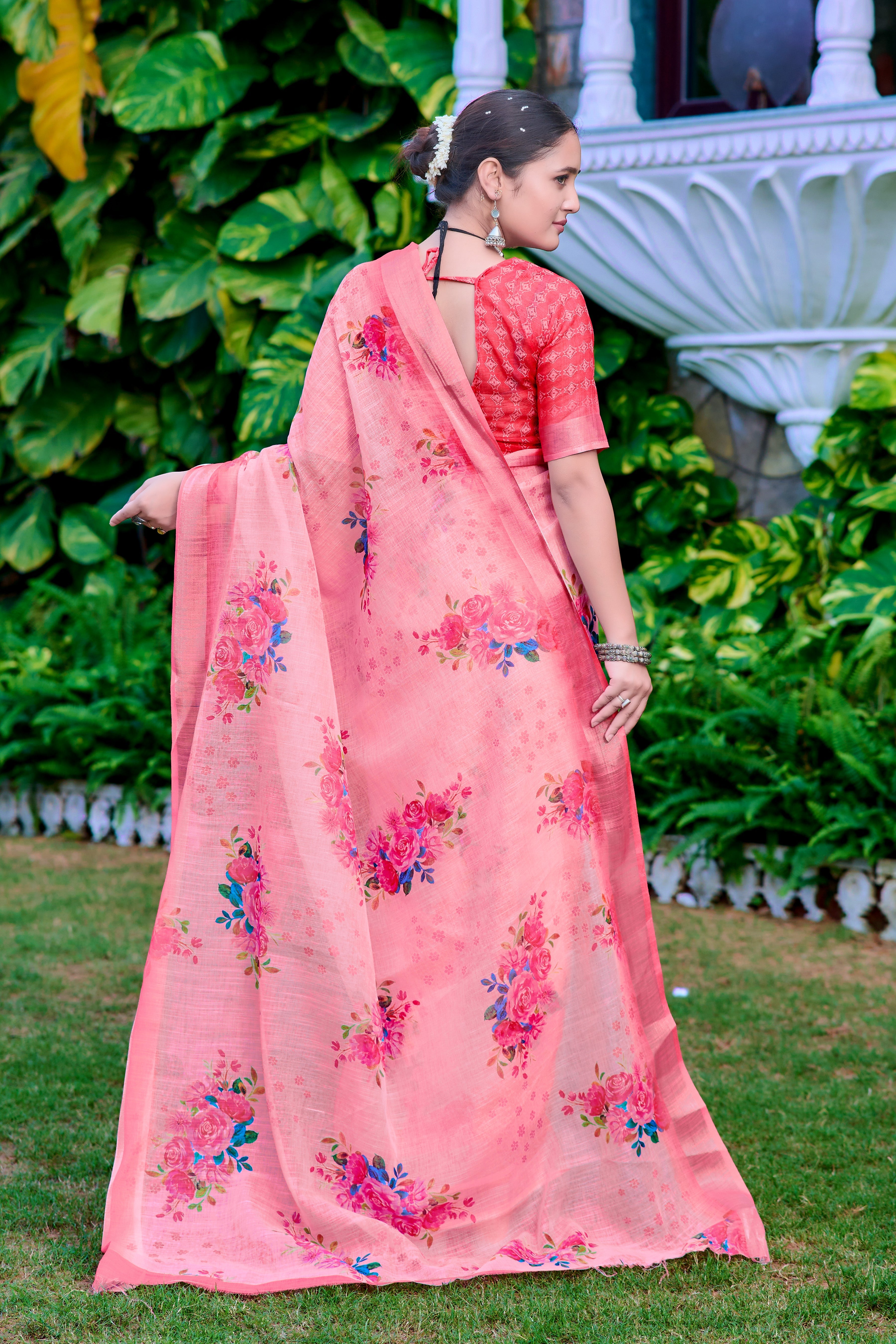 Outstanding Light Pink Color Color Pure Cotton Lilen With Digital Printed Designer Saree
