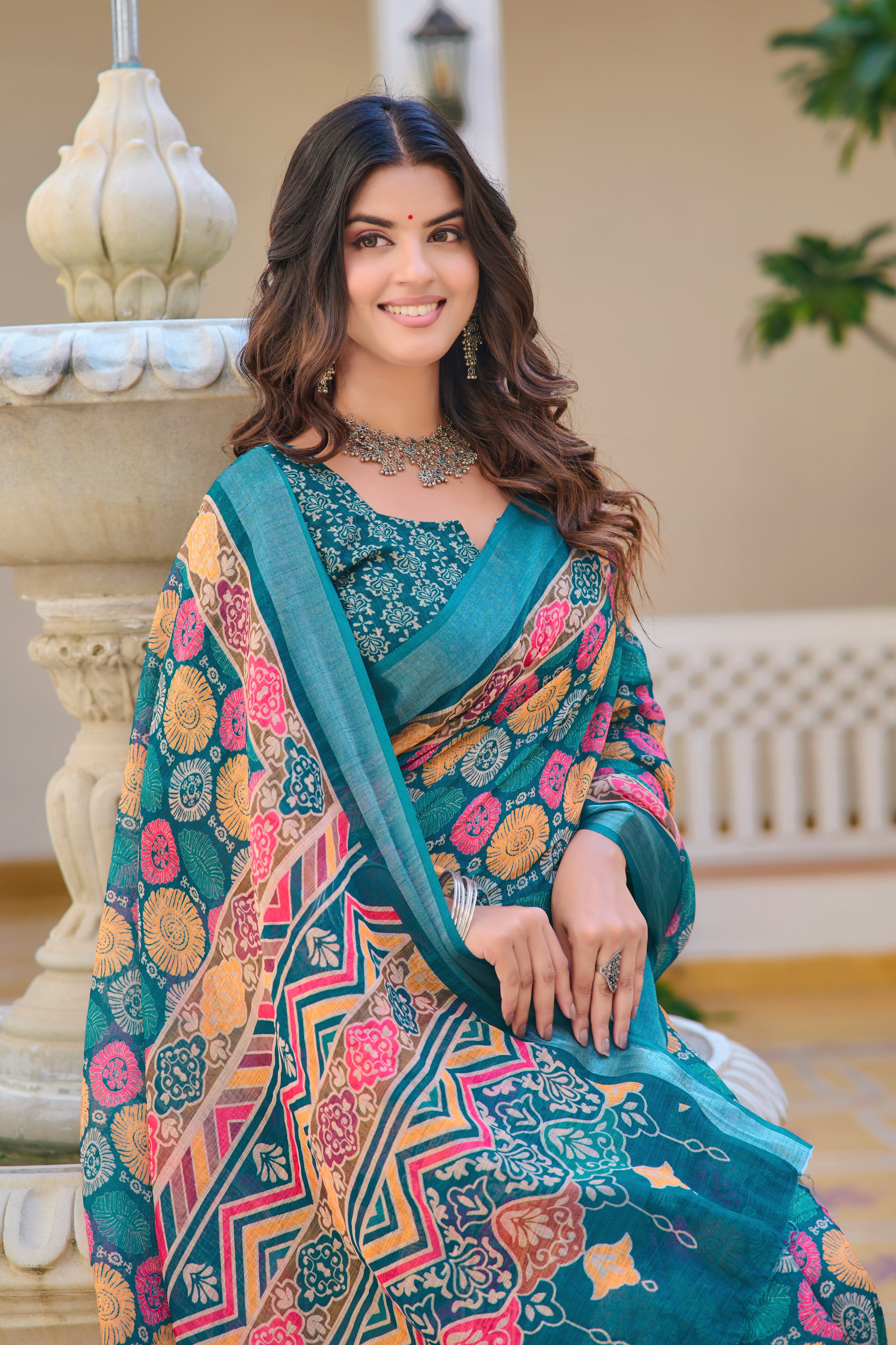 Luxury Sky Blue Color Color Pure Cotton Lilen With Digital Printed Designer Saree