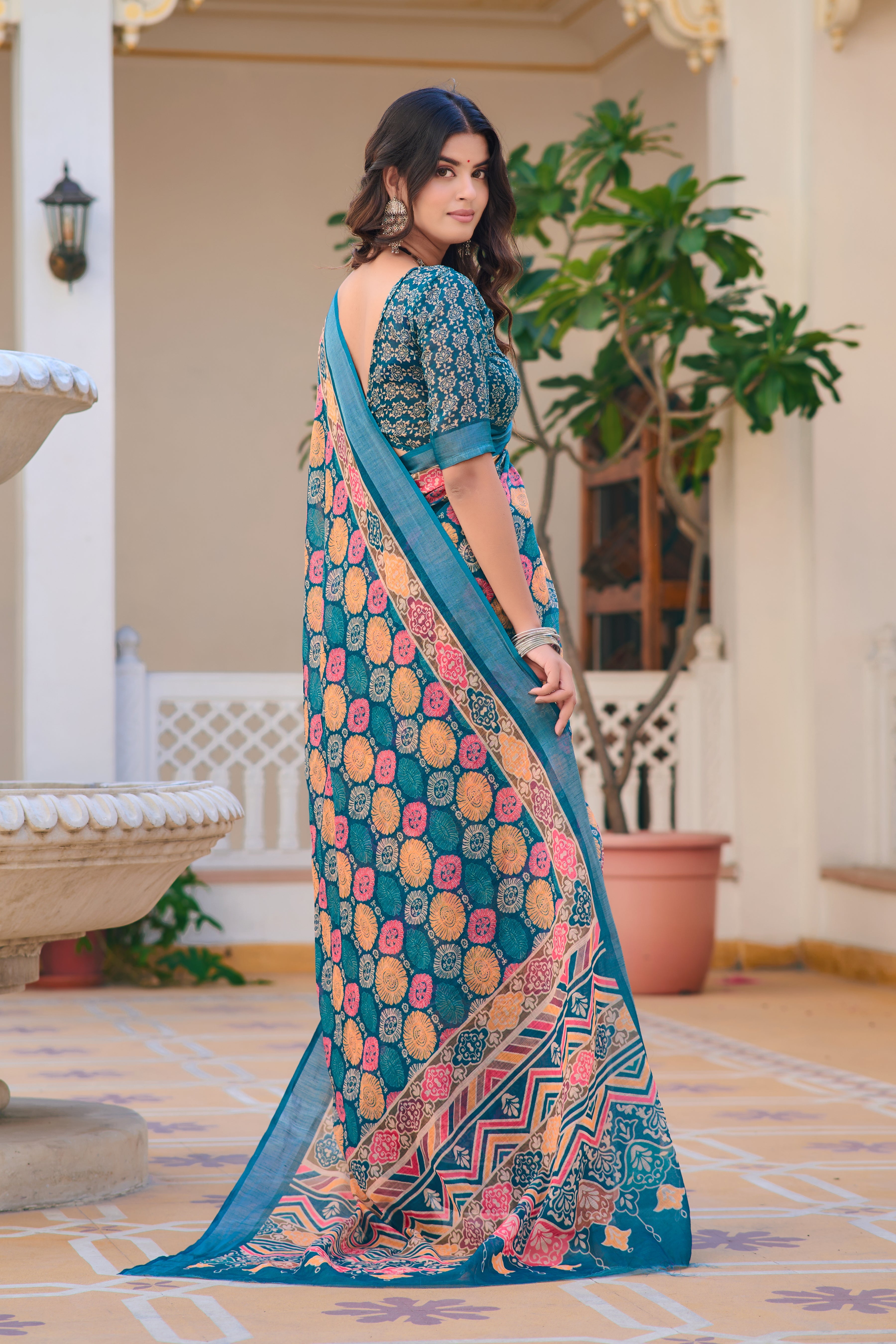 Luxury Sky Blue Color Color Pure Cotton Lilen With Digital Printed Designer Saree