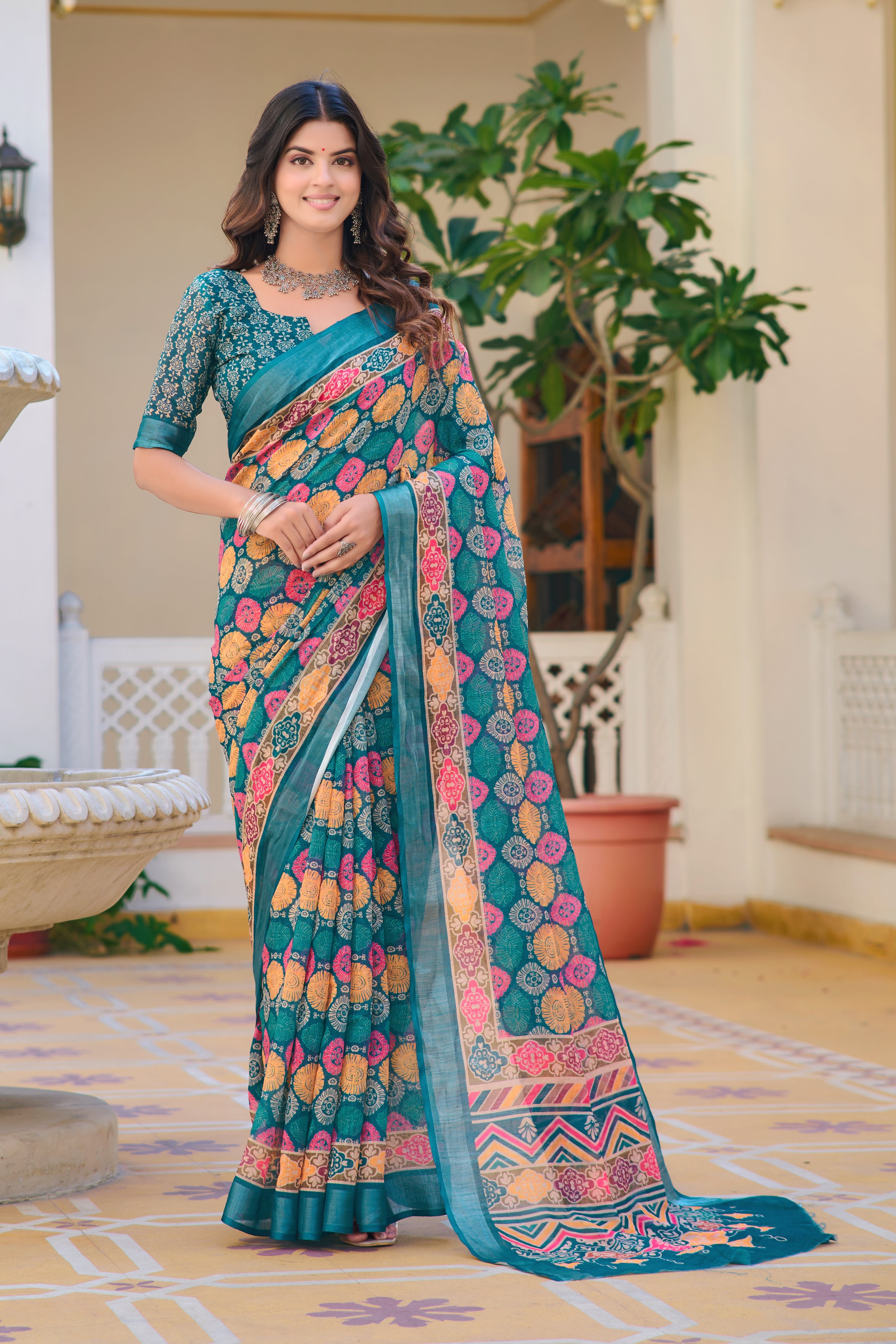 Luxury Sky Blue Color Color Pure Cotton Lilen With Digital Printed Designer Saree