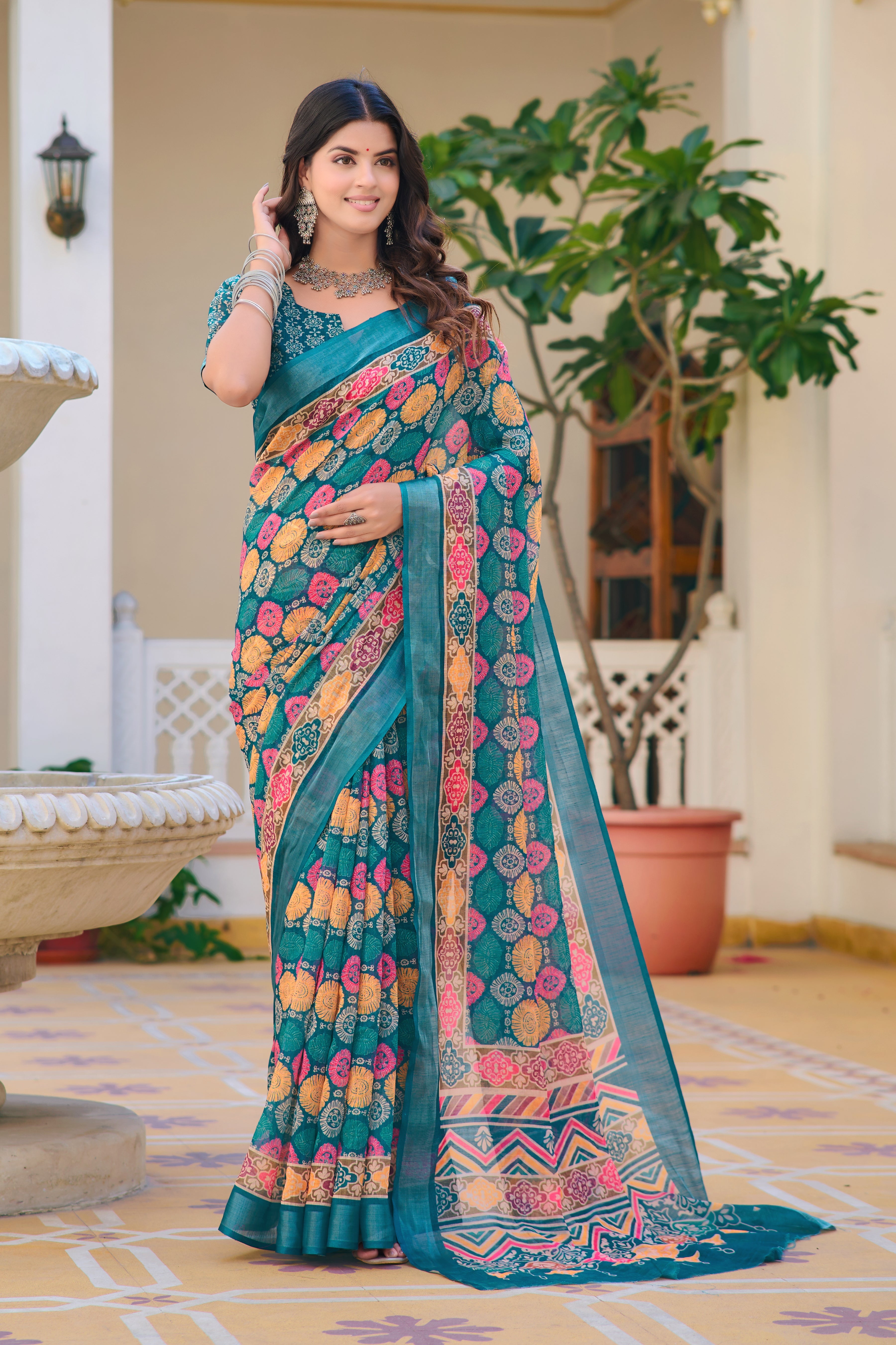 Luxury Sky Blue Color Color Pure Cotton Lilen With Digital Printed Designer Saree