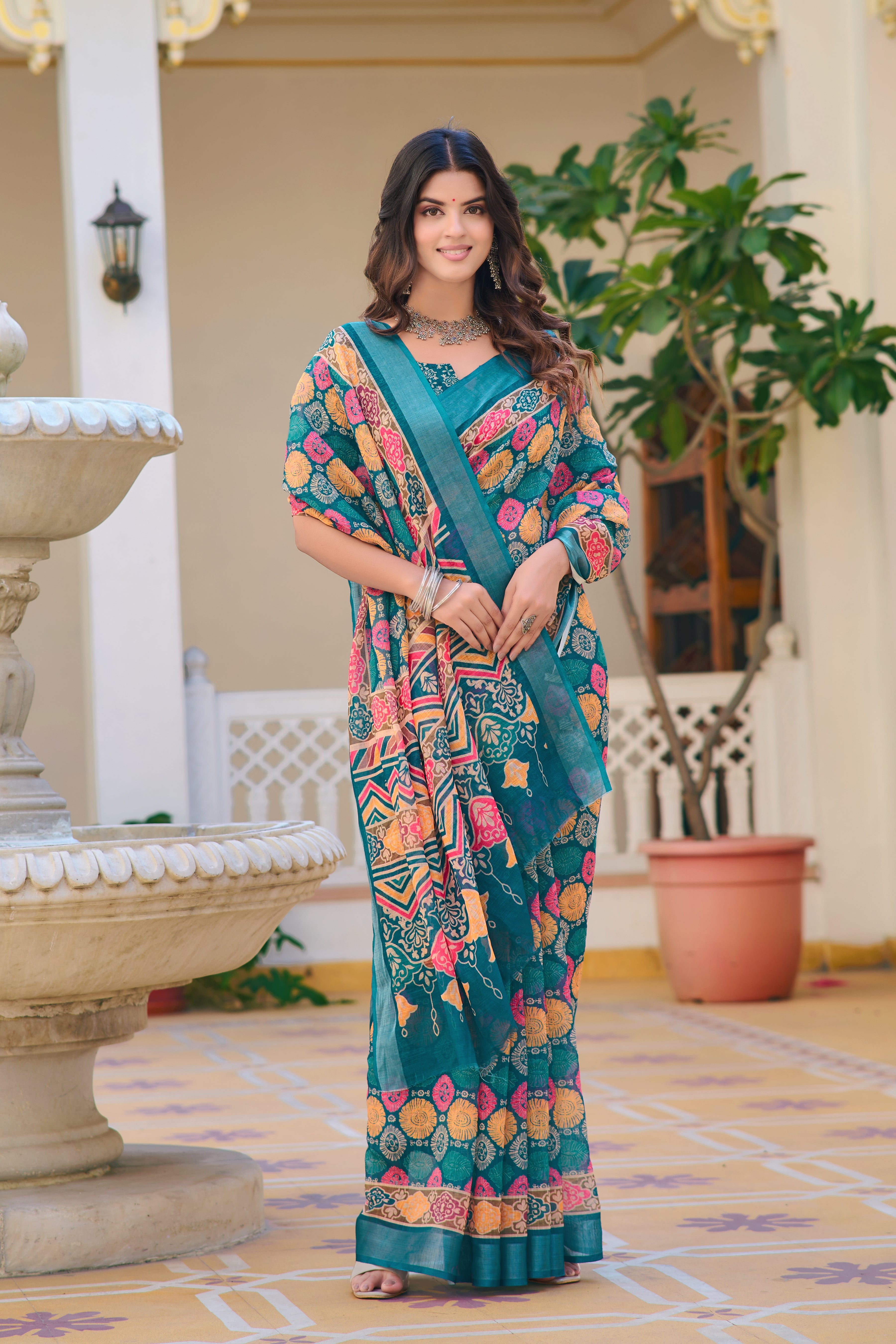 Luxury Sky Blue Color Color Pure Cotton Lilen With Digital Printed Designer Saree
