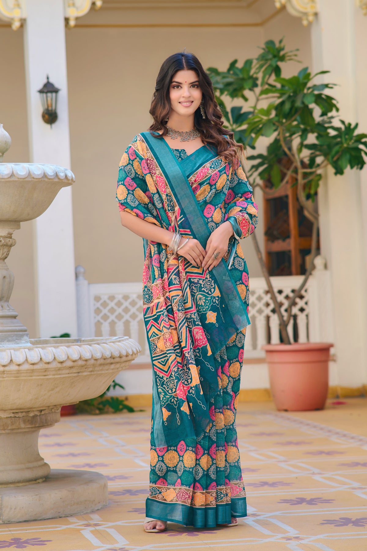 Luxury Sky Blue Color Color Pure Cotton Lilen With Digital Printed Designer Saree