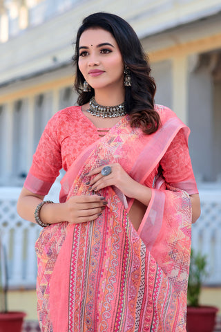 Daisy Peach Color Pure Cotton Lilen With Digital Printed Designer Saree