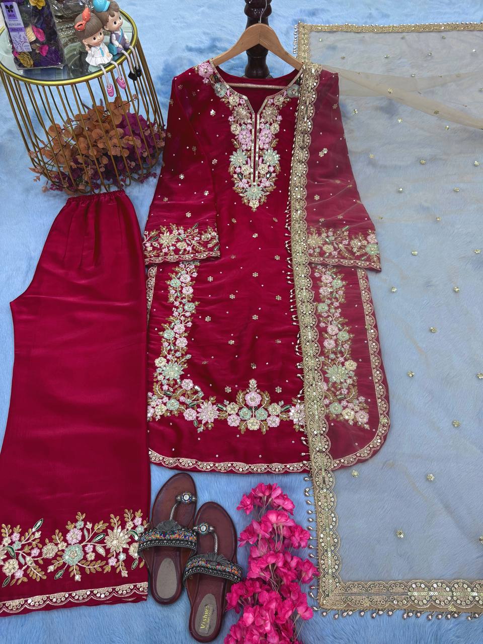 Exclusive Maroon Color Pure Jimmy Choo With Heavy Embroidery 5mm Sequence Work Palazzo Suit