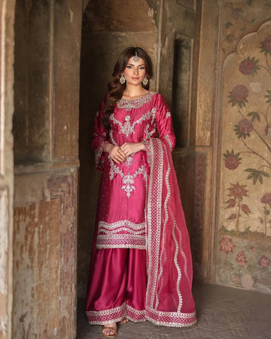 Marriage Special Pink Color Heavy Chinon Silk With 5mm Embroidery Sequence Work Sharara Suit