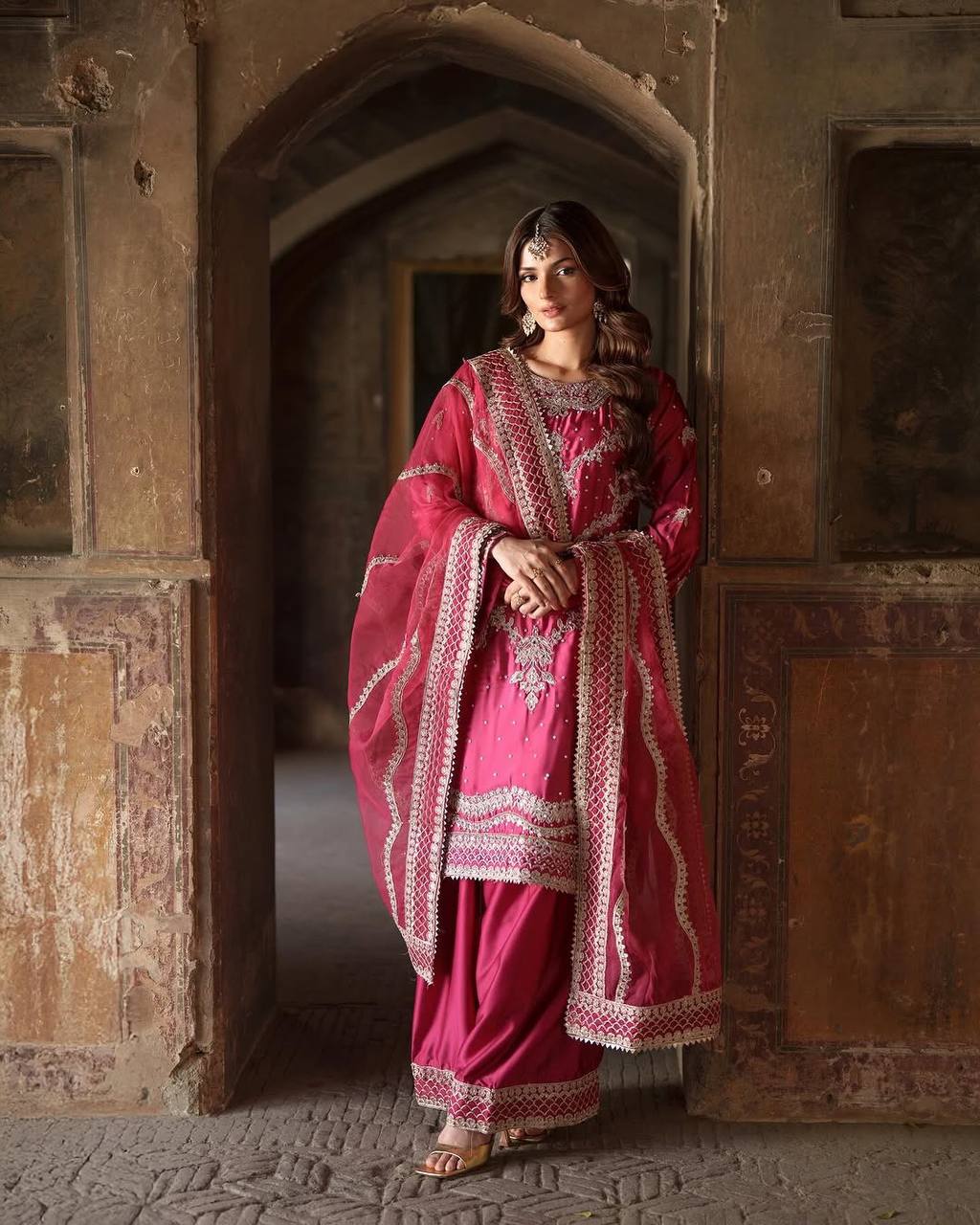 Marriage Special Pink Color Heavy Chinon Silk With 5mm Embroidery Sequence Work Sharara Suit