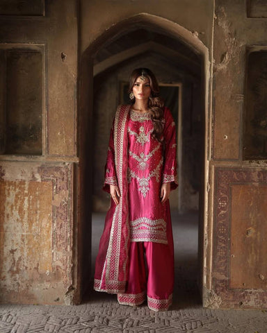 Marriage Special Pink Color Heavy Chinon Silk With 5mm Embroidery Sequence Work Sharara Suit