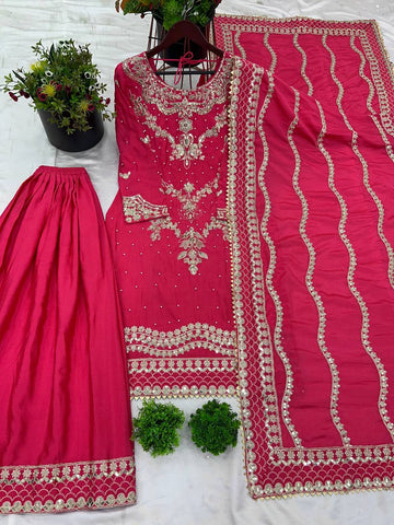 Marriage Special Pink Color Heavy Chinon Silk With 5mm Embroidery Sequence Work Sharara Suit