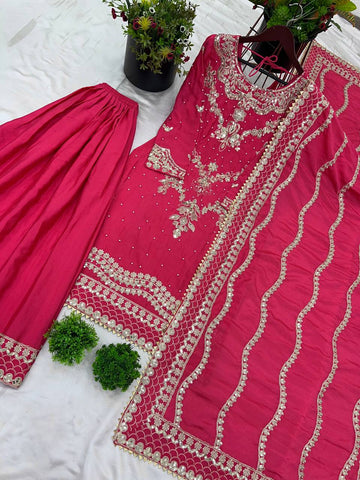 Marriage Special Pink Color Heavy Chinon Silk With 5mm Embroidery Sequence Work Sharara Suit