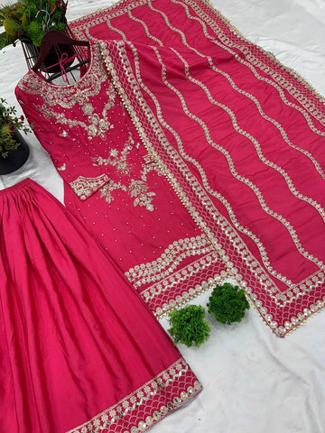 Marriage Special Pink Color Heavy Chinon Silk With 5mm Embroidery Sequence Work Sharara Suit