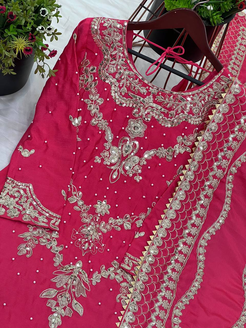 Marriage Special Pink Color Heavy Chinon Silk With 5mm Embroidery Sequence Work Sharara Suit