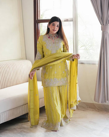 Party Wear Lemon Yellow Color Heavy Chinon Silk With Heavy Embroidery Sequence Work Sharara Suit