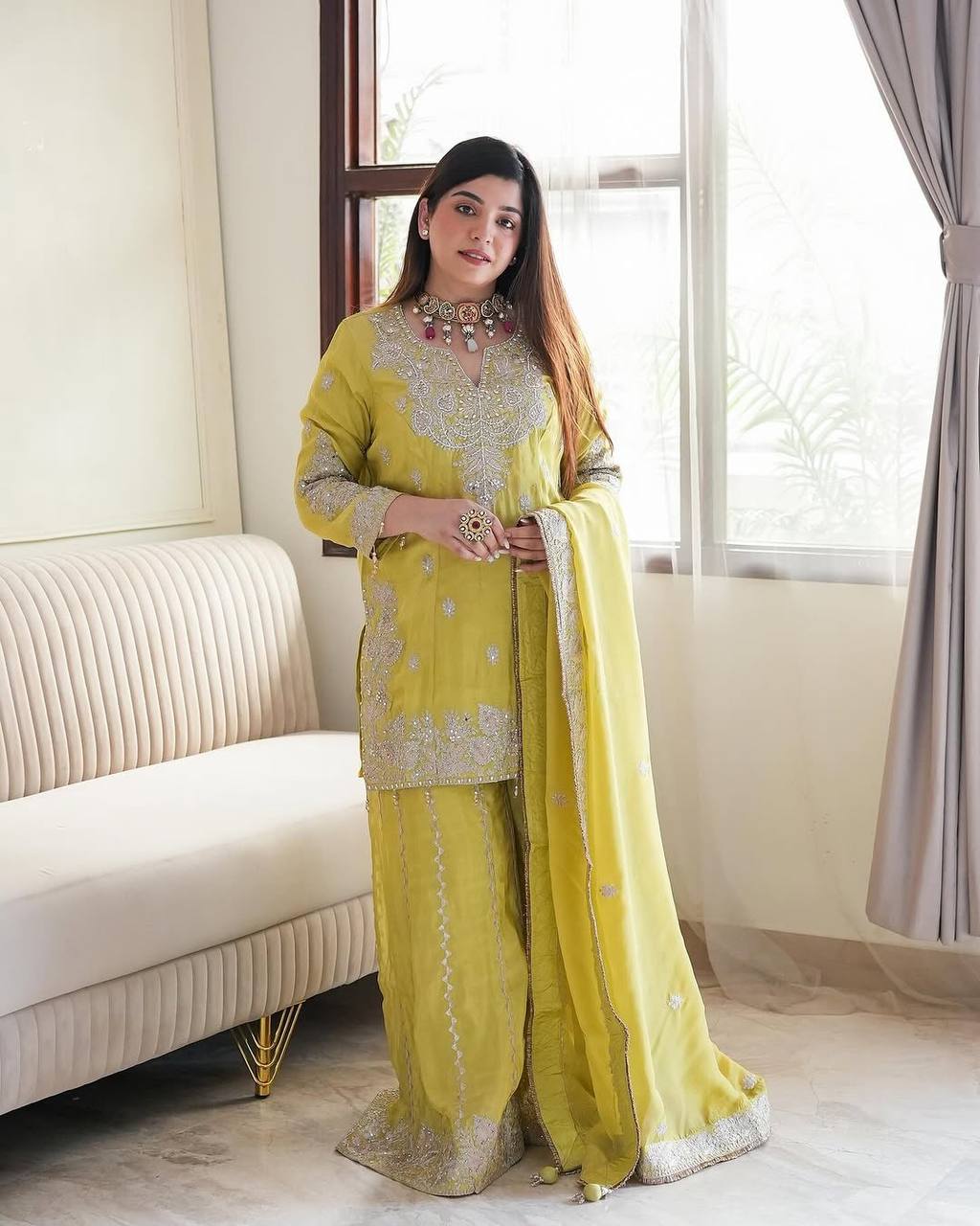 Party Wear Lemon Yellow Color Heavy Chinon Silk With Heavy Embroidery Sequence Work Sharara Suit
