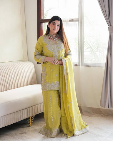 Party Wear Lemon Yellow Color Heavy Chinon Silk With Heavy Embroidery Sequence Work Sharara Suit