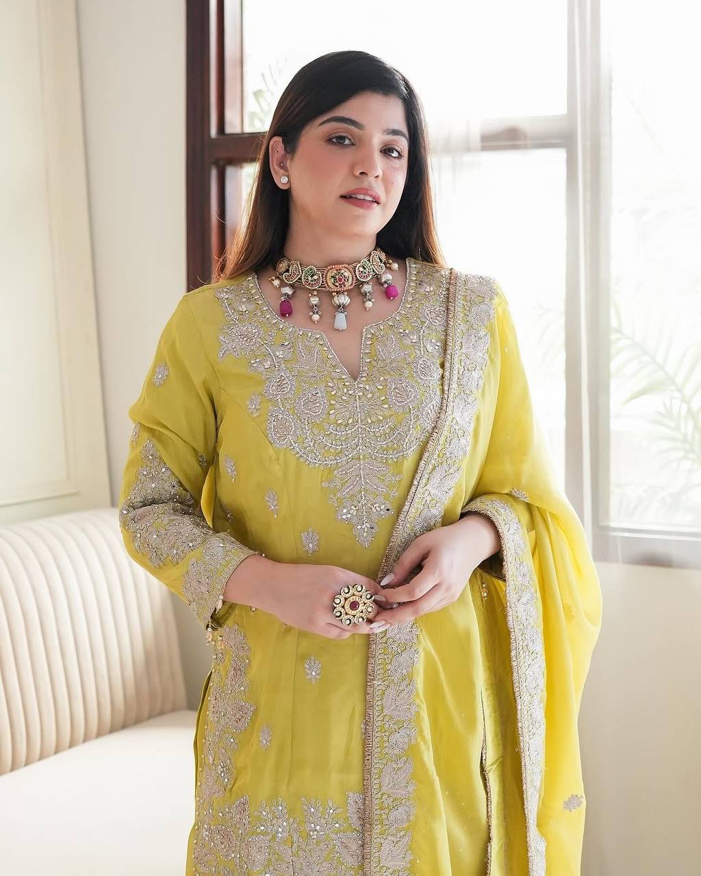 Party Wear Lemon Yellow Color Heavy Chinon Silk With Heavy Embroidery Sequence Work Sharara Suit