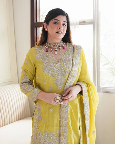 Party Wear Lemon Yellow Color Heavy Chinon Silk With Heavy Embroidery Sequence Work Sharara Suit