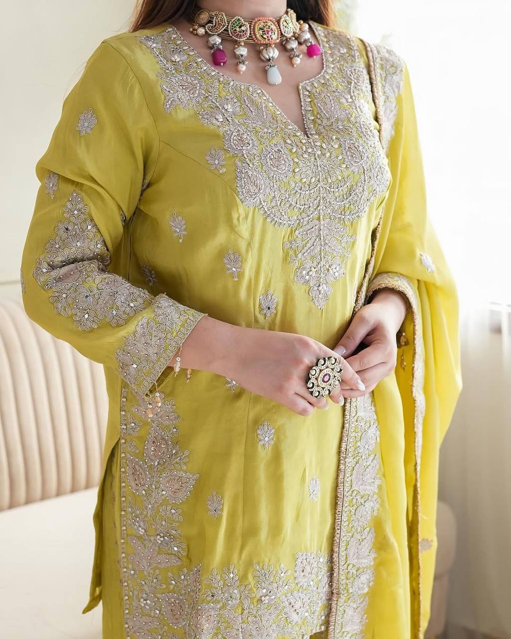 Party Wear Lemon Yellow Color Heavy Chinon Silk With Heavy Embroidery Sequence Work Sharara Suit