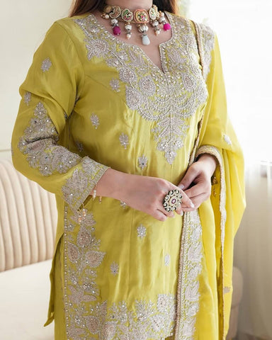 Party Wear Lemon Yellow Color Heavy Chinon Silk With Heavy Embroidery Sequence Work Sharara Suit