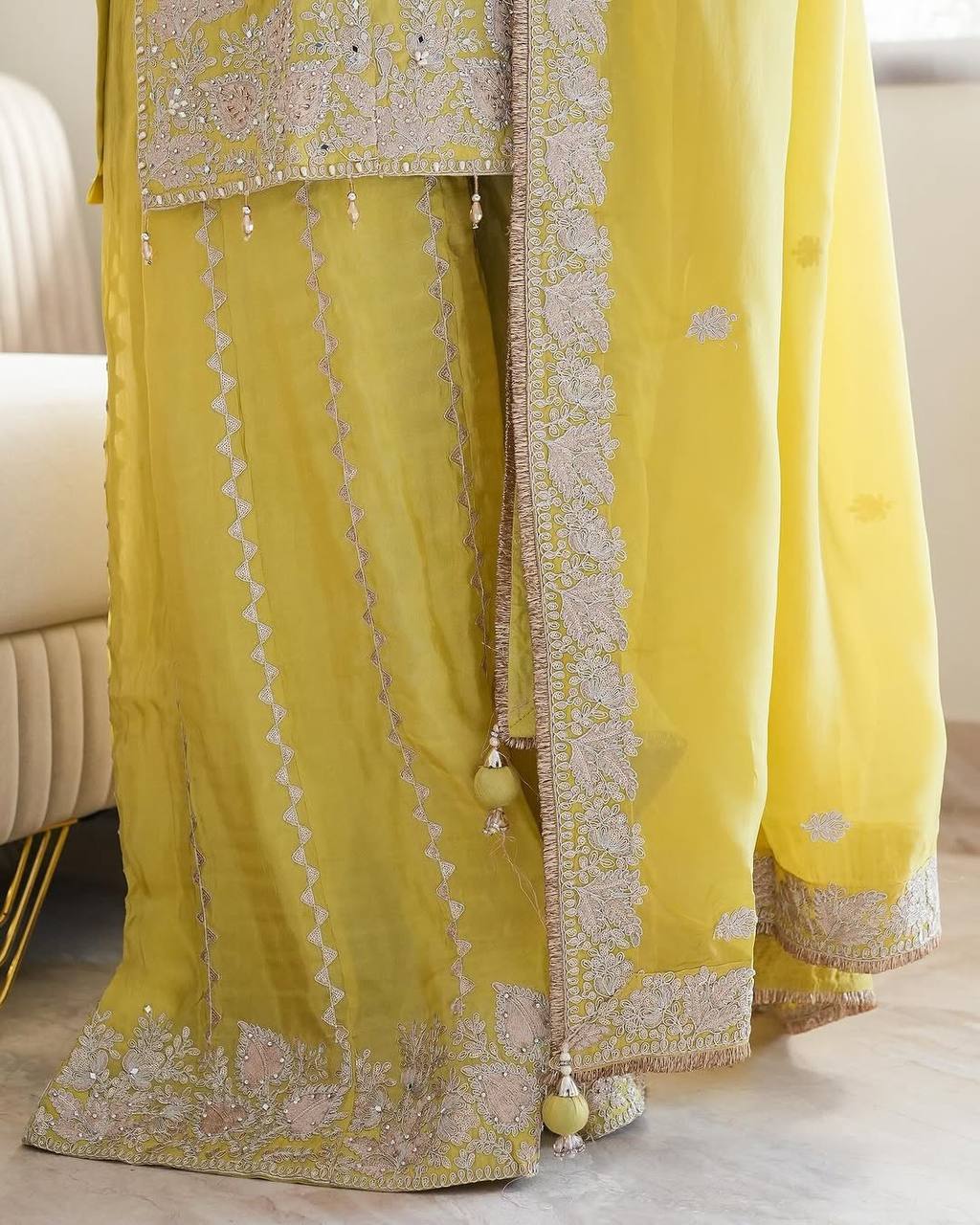 Party Wear Lemon Yellow Color Heavy Chinon Silk With Heavy Embroidery Sequence Work Sharara Suit