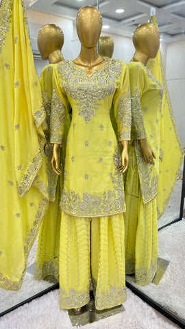 Party Wear Lemon Yellow Color Heavy Chinon Silk With Heavy Embroidery Sequence Work Sharara Suit
