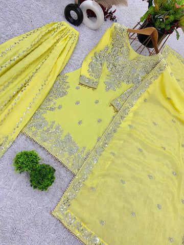 Party Wear Lemon Yellow Color Heavy Chinon Silk With Heavy Embroidery Sequence Work Sharara Suit