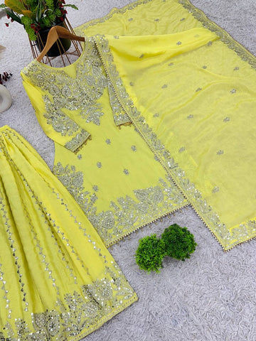 Party Wear Lemon Yellow Color Heavy Chinon Silk With Heavy Embroidery Sequence Work Sharara Suit