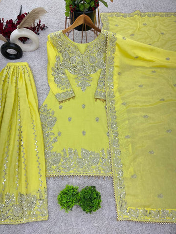 Party Wear Lemon Yellow Color Heavy Chinon Silk With Heavy Embroidery Sequence Work Sharara Suit