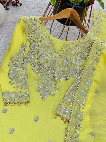 Party Wear Lemon Yellow Color Heavy Chinon Silk With Heavy Embroidery Sequence Work Sharara Suit
