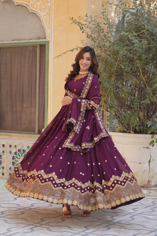 Party Wear Wine Color Faux Georgette With Heavy Embroidery Sequence Work Gown