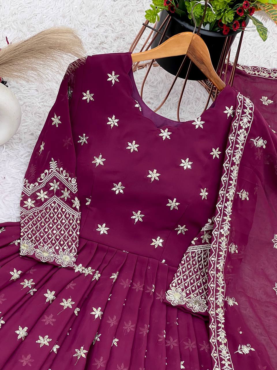Party Wear Wine Color Faux Georgette With Heavy Embroidery Sequence Work Gown