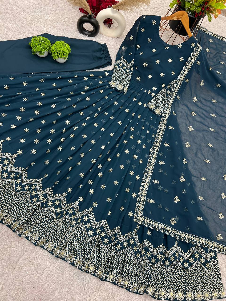 Party Wear Teal Blue Color Faux Georgette With Heavy Embroidery Sequence Work Gown