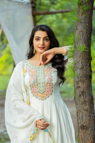 Party Wear White Color Heavy Chinon Silk With Multi Thread Embroidery Sequence Work Gown