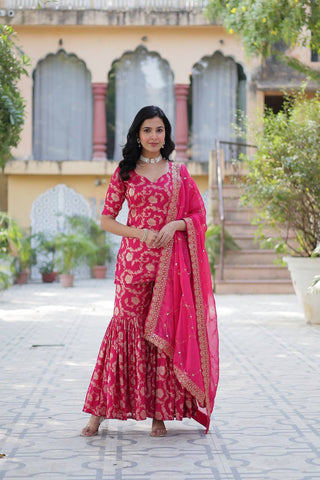 Party Wear Pink Color Viscose Georgette Jacquard Designer Sharara Suit