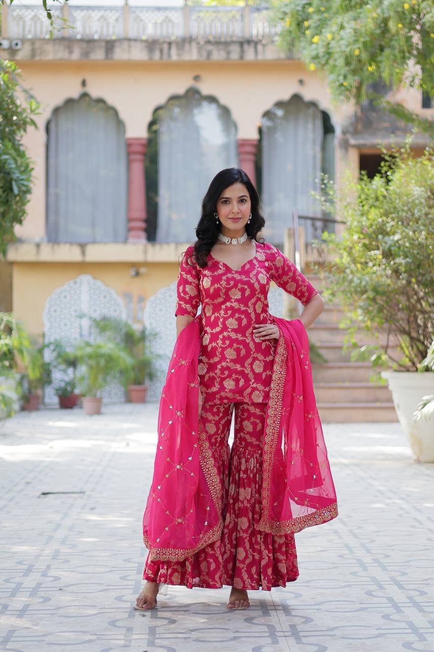 Party Wear Pink Color Viscose Georgette Jacquard Designer Sharara Suit