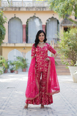 Party Wear Pink Color Viscose Georgette Jacquard Designer Sharara Suit
