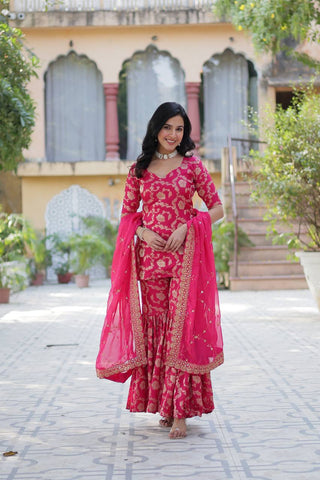 Party Wear Pink Color Viscose Georgette Jacquard Designer Sharara Suit